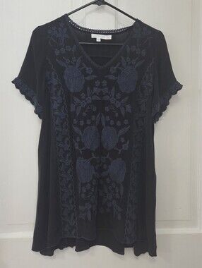 Karyn Seo Anthropologie Viscose Embroidered Top S Deep Blue